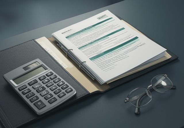 Expediente hipotecario abierto junto a calculadora y gafas sobre escritorio profesional